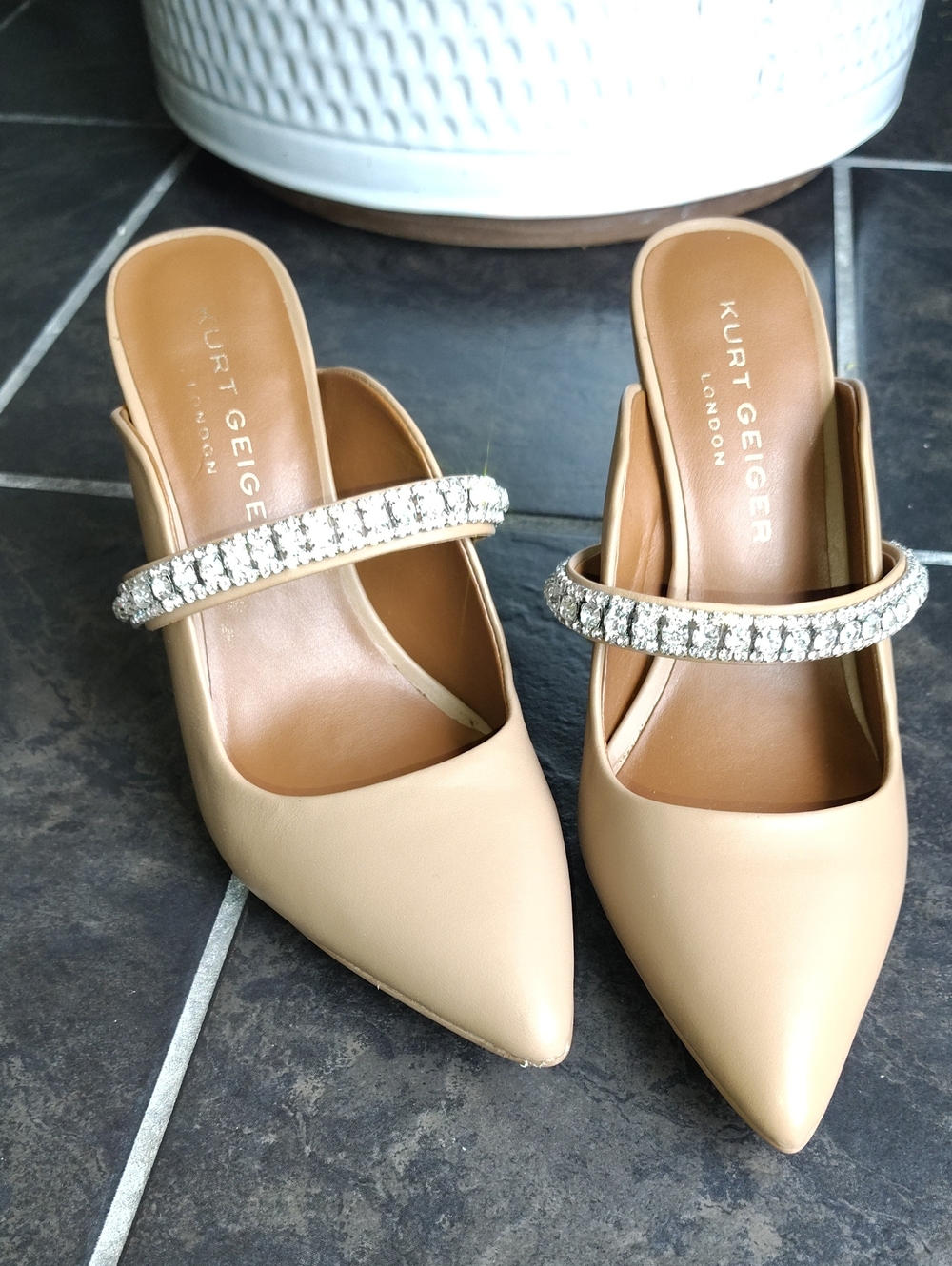 Kurt Geiger Nude Crystal-Embellished Pointed Mule Slides